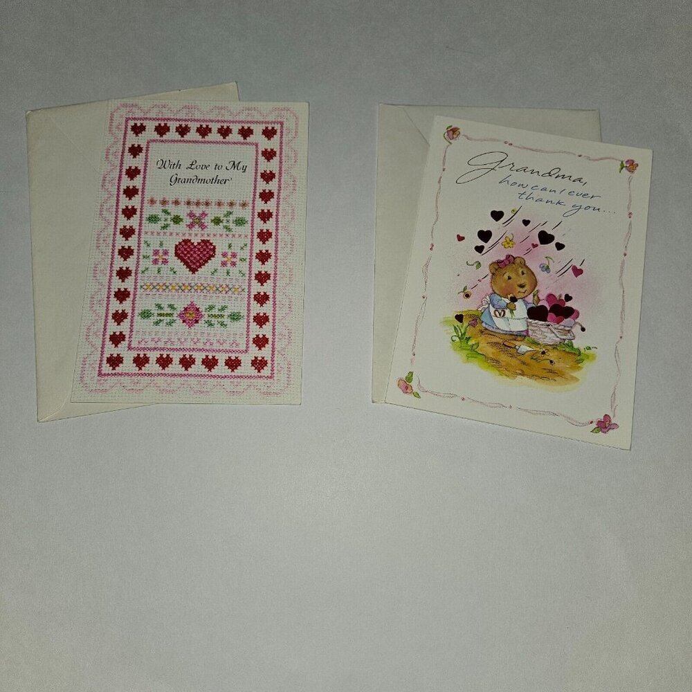 2 VTG Grandma Valentine's Day Greeting Card Lot Cross Stitch NEVER USED
